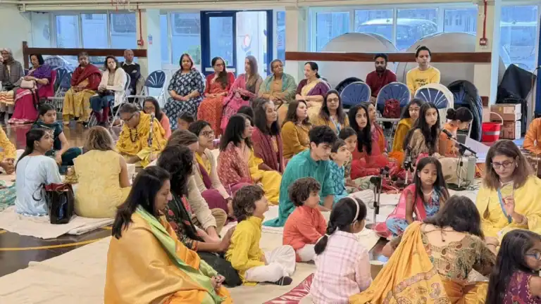 The hall full of families at the Sai School Gayatri Yagna 2026